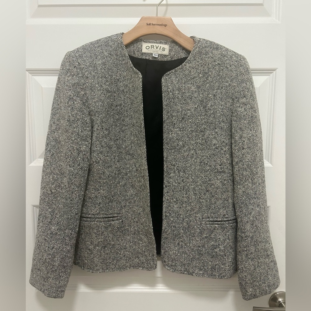 Orvis Women's BlackTweed Wool Lined Open Front Blazer sz 10